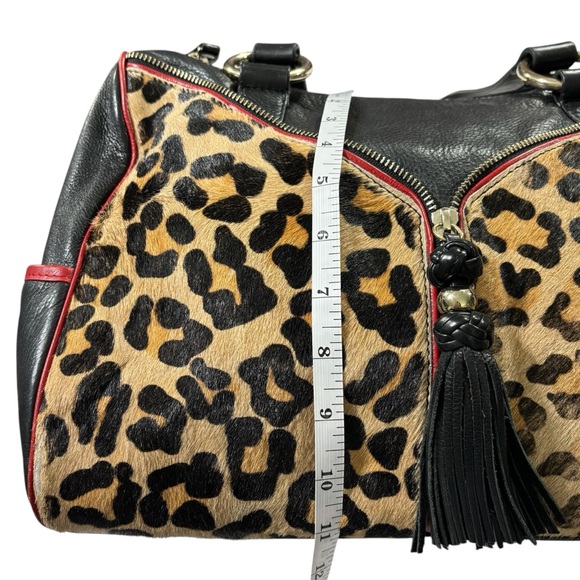 Aqua Madonna Leopard Calf Hair Large Leather Shoulder Bag Red Tassel Zip Satchel - Picture 13 of 15